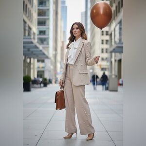 Pearl-Accent Wide-Leg Pant Suit in Tan, amazing quality! Chicways